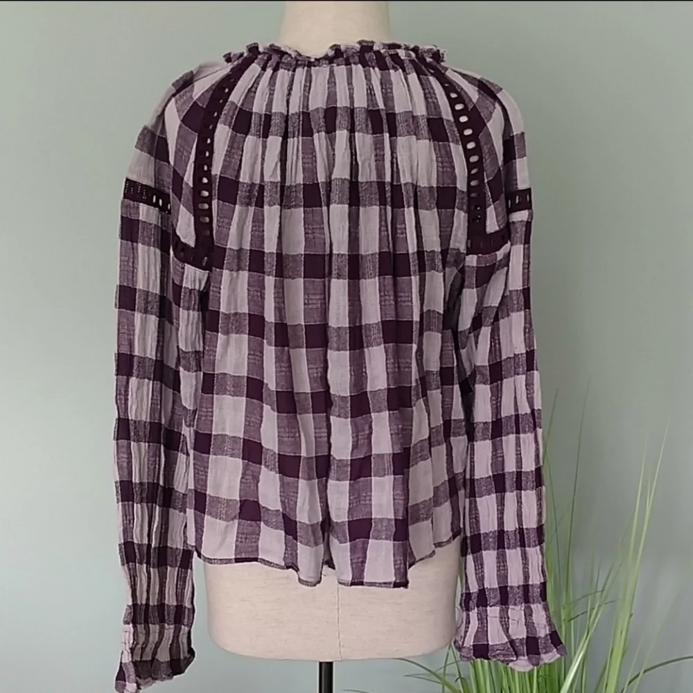 Free People Blouse Peasant Plaid V-Neck Tassel Tie Gauzy Cotton Plum White M NWT